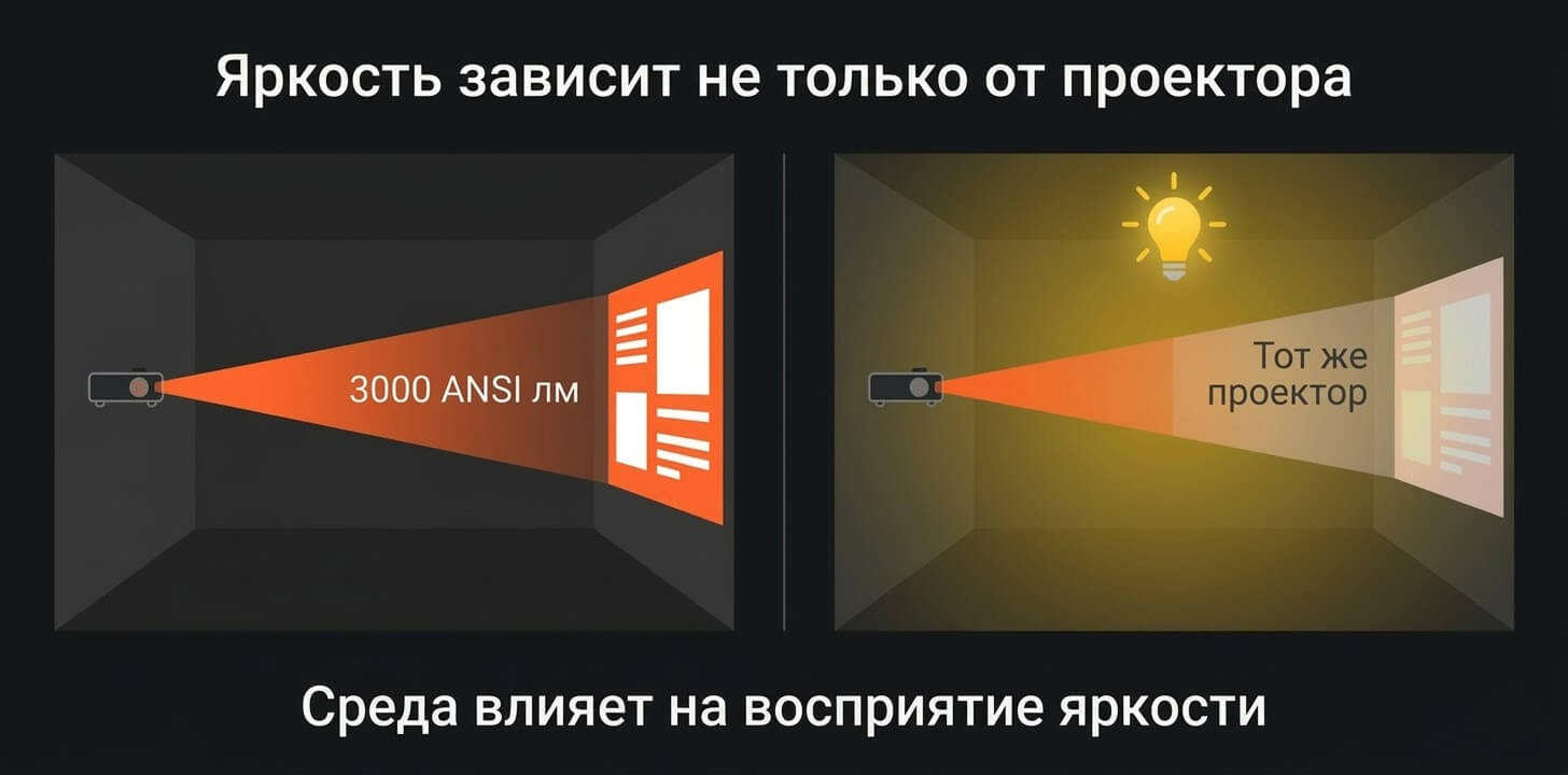 Сценарий «Яркость зависит не только от проектора» показывает сравнение. Слева: темная комната с яркой проекцией «3000 ANSI лм» и размером 5 метров. Справа: та же комната с включенным желтым светом, бледной проекцией «Тот же проектор» и размером 2 метра. Вывод внизу: «Среда влияет на восприятие яркости».