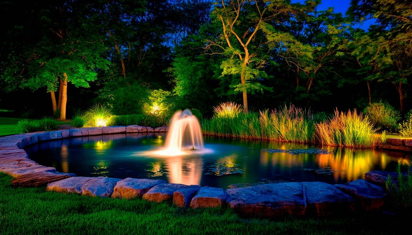 Подсветка водоемов и фонтанов загородного участка создает волшебную атмосферу, подчеркивает красоту водной глади и добавляет участку изысканности в вечернее время.