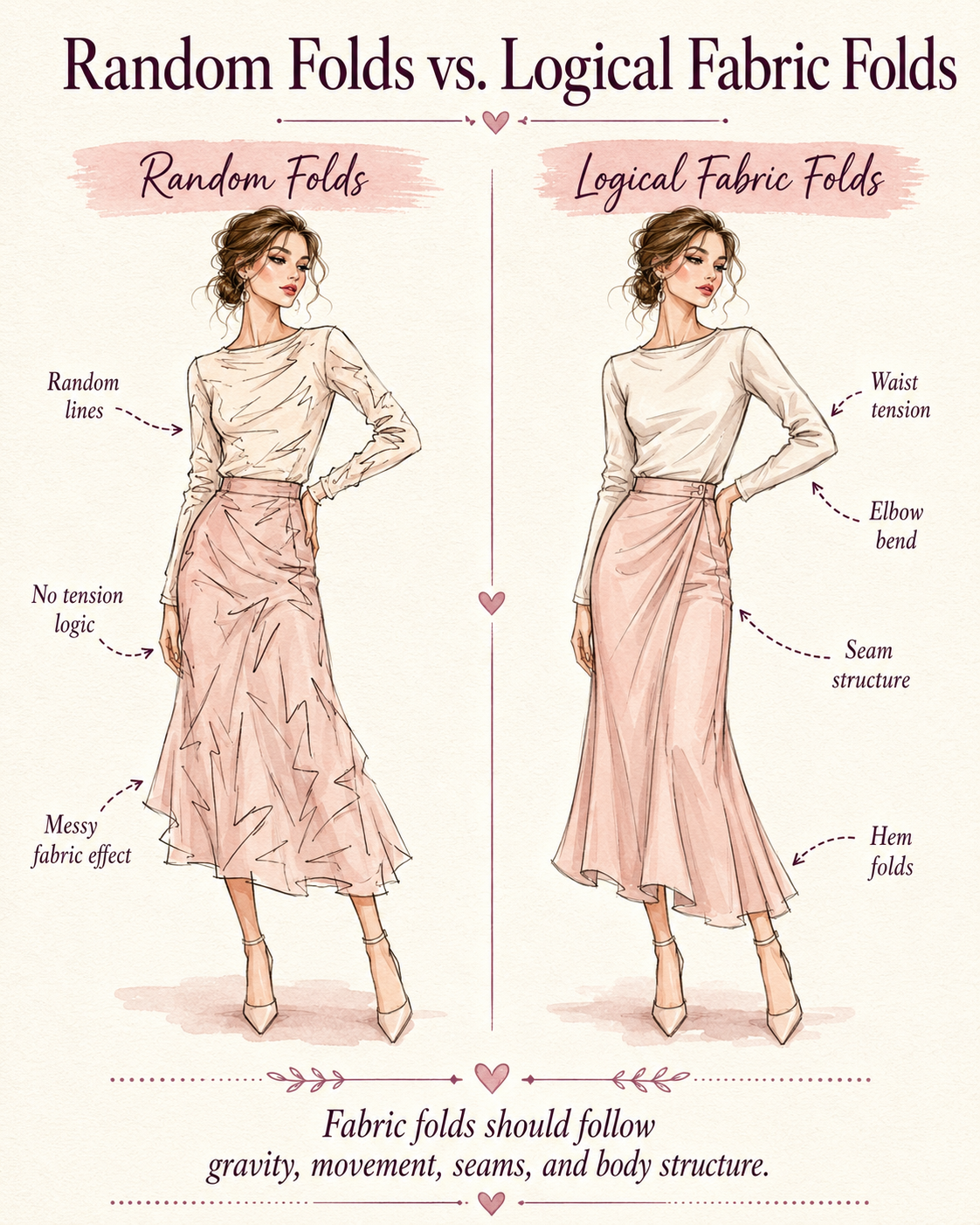 Random fabric folds compared with correct folds in fashion illustration