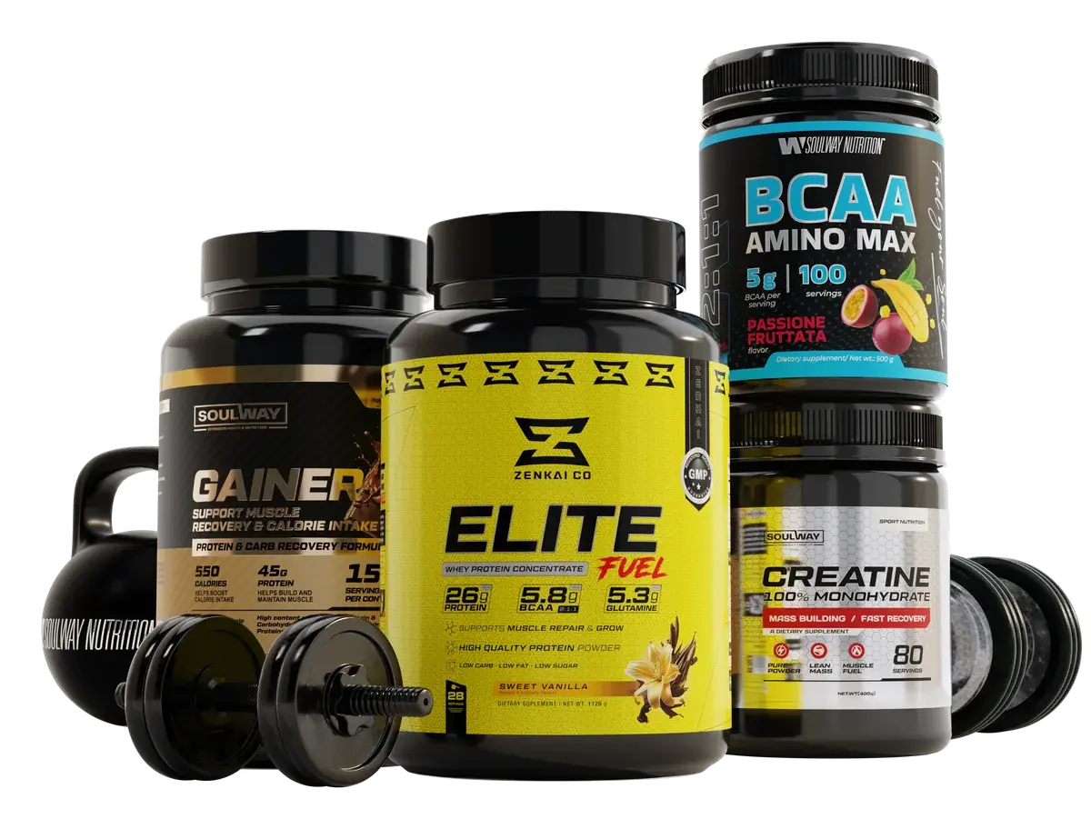 Готовая продукция брендов завода: SoulWay Gainer, Creatine и BCAA, Zenkai Elite Fuel