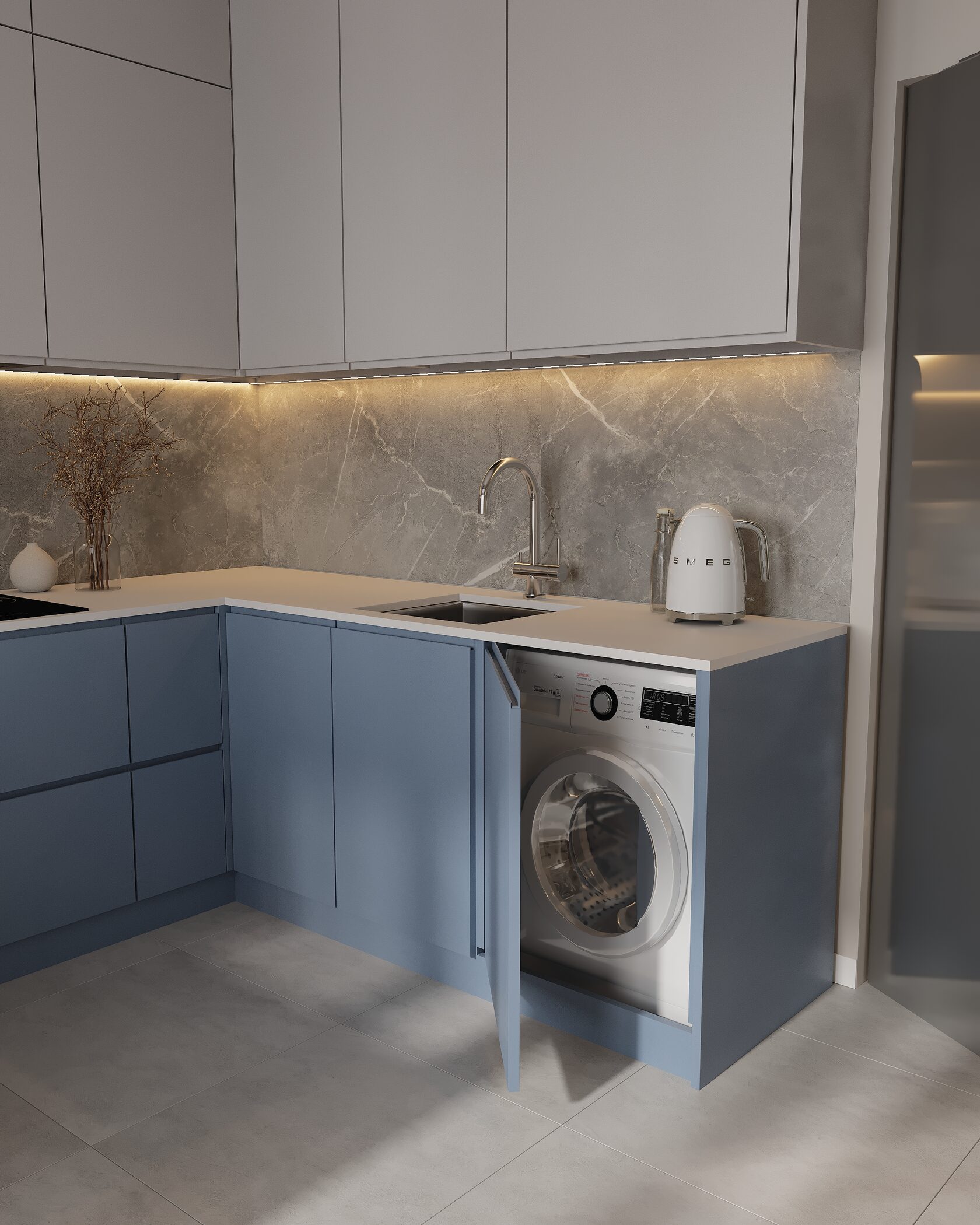 голубая кухня с стиральной машиной под столом 