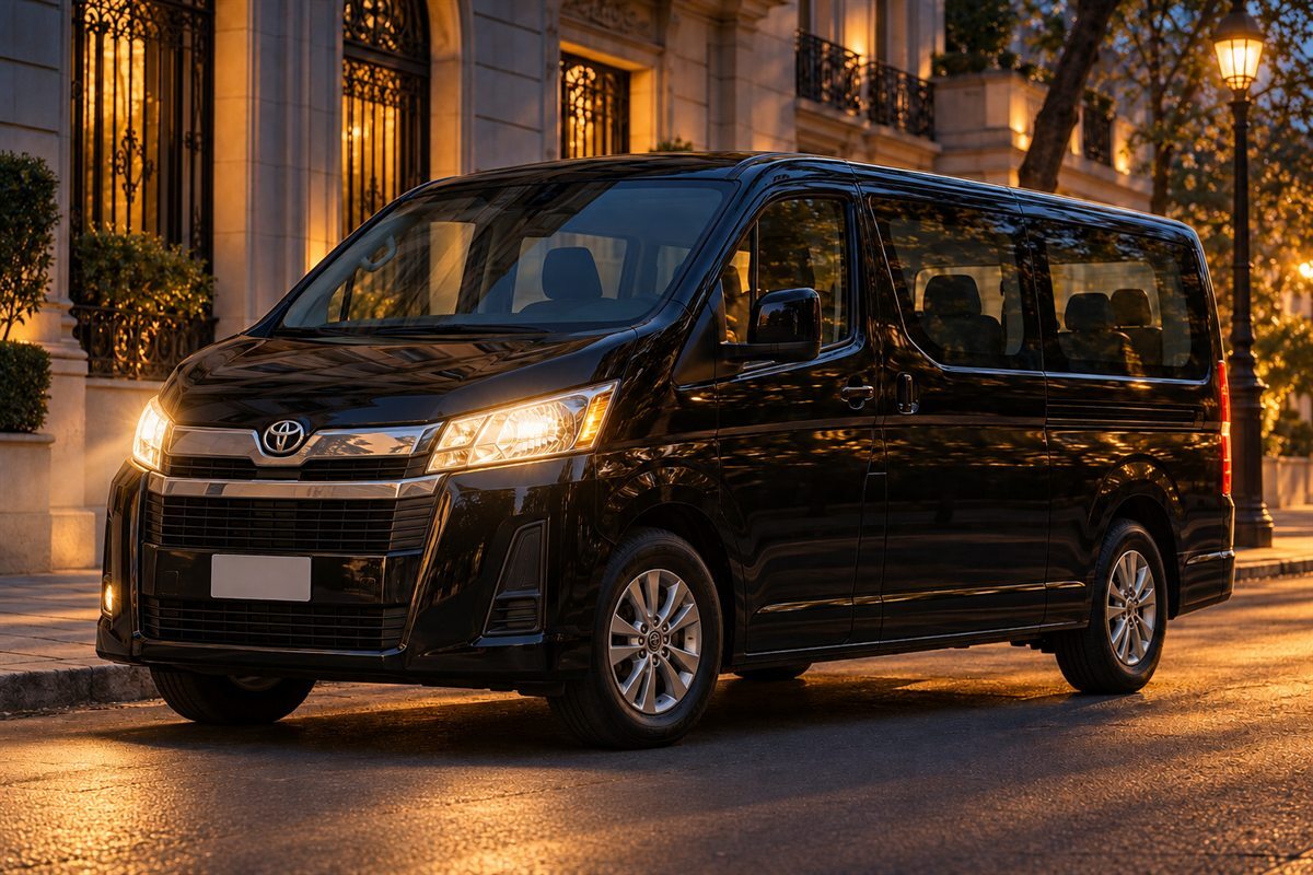 Toyota Hiace 2.8 Wagon AT6 2023 — чёрный, фото 1 — фары включены