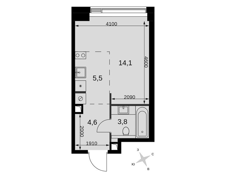 Планировка студии 28 м² в ЖК «Амбер Сити»: корпус 6, секция 1, 3-й этаж
