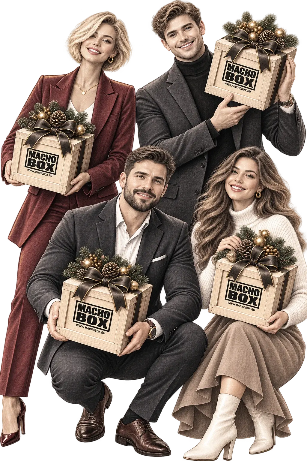 Четыре сотрудника с деревянными корпоративными подарочными ящиками MACHO BOX