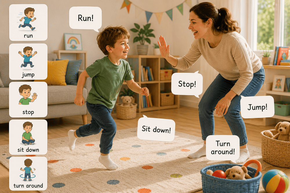 Мама и дошкольник изучают английские глаголы run, jump, stop, sit down и turn around через движение