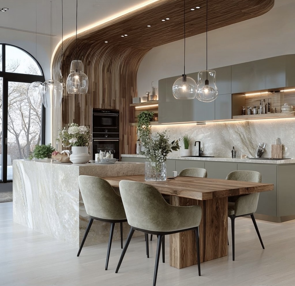 Крупноформатный керамогранит на фартуке кухни