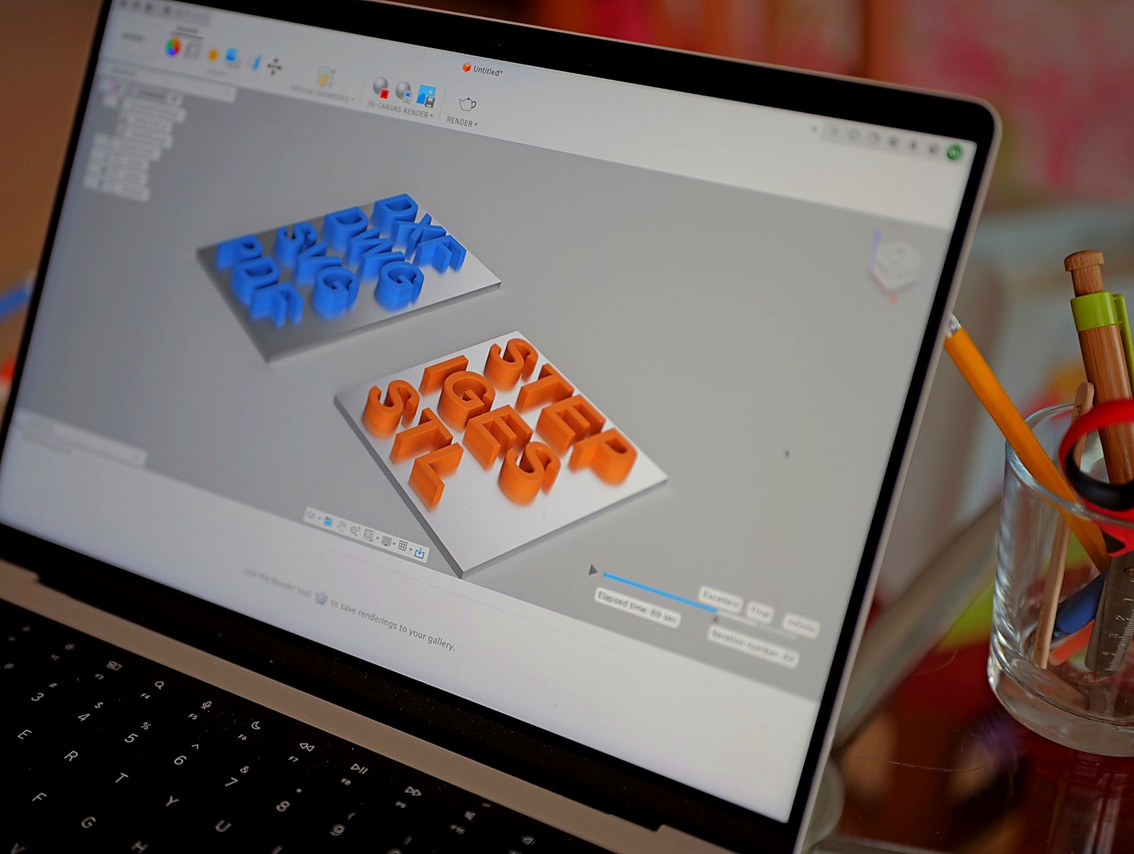 CAD-ekraanil faililaiendite nimed ekstrudeeritud 3D-tähtedena, modelleeritud Fusionis