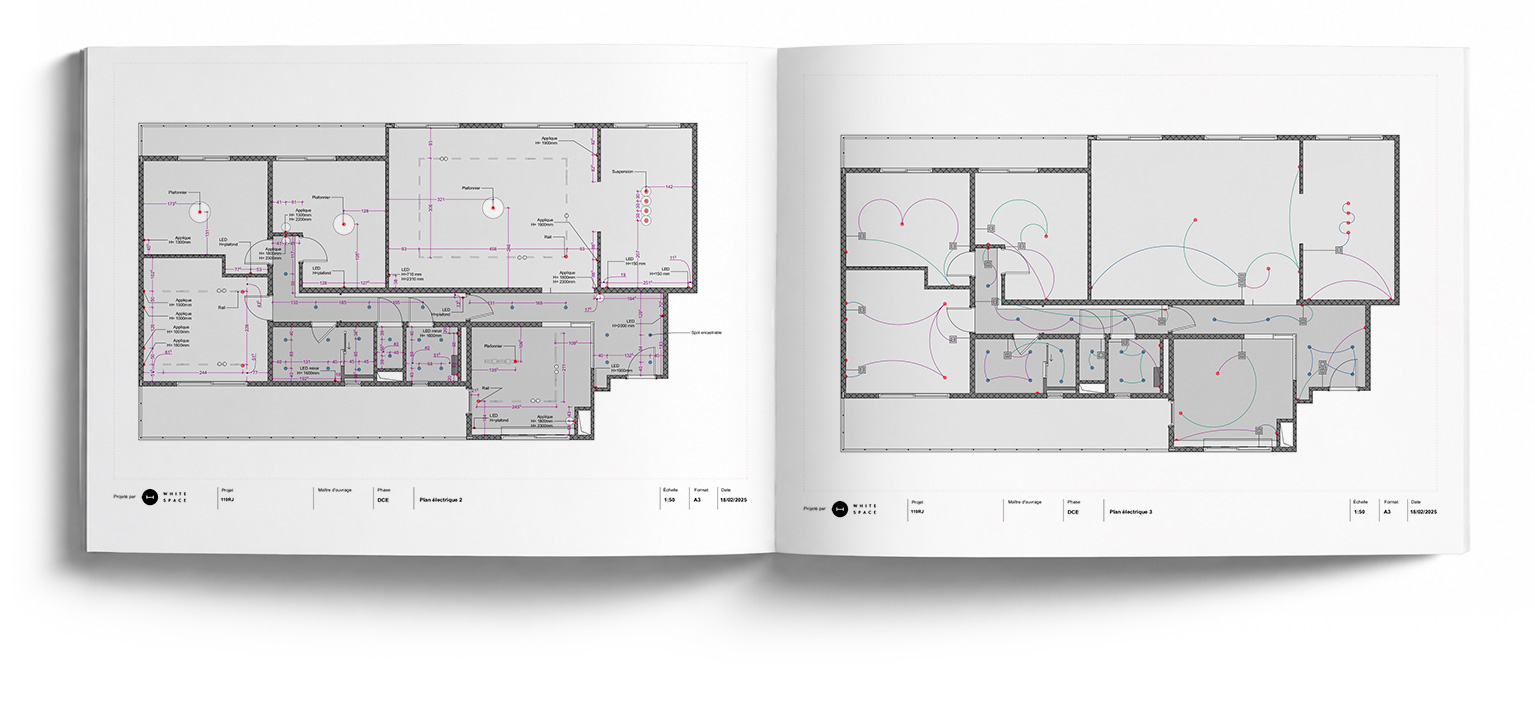 Plan d’éclairage avec implantation des luminaires dans un dossier technique de rénovation