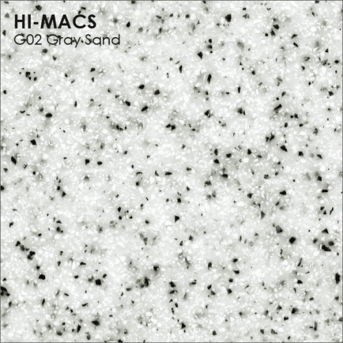 HI-MACS G02 Gray Sand – это акриловый камень с серо-белым фоном и рассеянными чёрными вкраплениями, создающий эффект природного гранита.