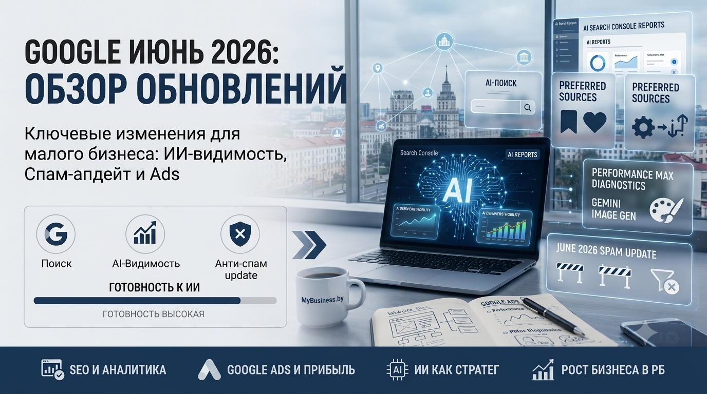 Подробная инфографика про SEO и генеративный поиск Google GEO для малого бизнеса Беларуси на 2026 год. На схеме показаны ключевые факторы ранжирования: опыт кейсы цифры оптимизация контента ответы на вопросы и региональное присутствие в поиске