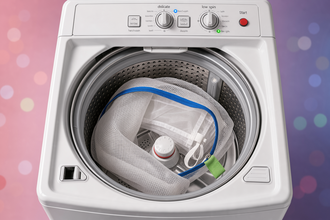 Top view of a washing machine drum with a mesh bag containing a sheer curtain, control panel showing 'delicate' and 'hand wash' options and low spin selected