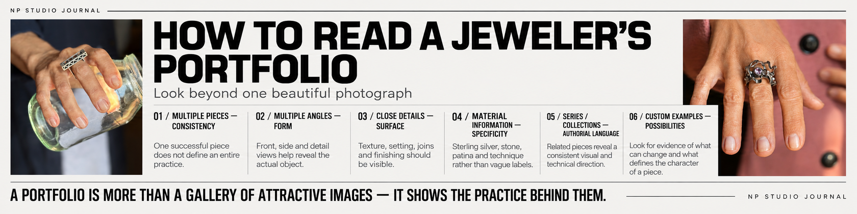 NP Studio Journal infographic: How to Read a Jeweler's Portfolio — consistency, multiple angles, close details, material specificity, authorial language and custom examples