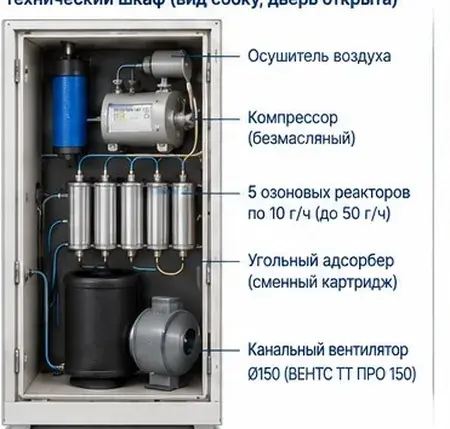 Технический отсек с озоновыми реакторами, компрессором и блоком деструкции