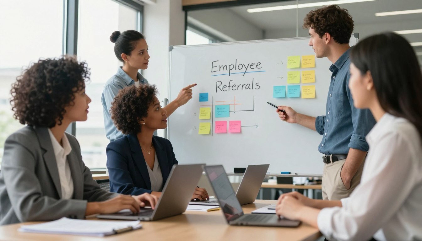 A vibrant and engaging office environment showcasing a diverse group of professionals collaboratively discussing the benefits of activating employee referrals.