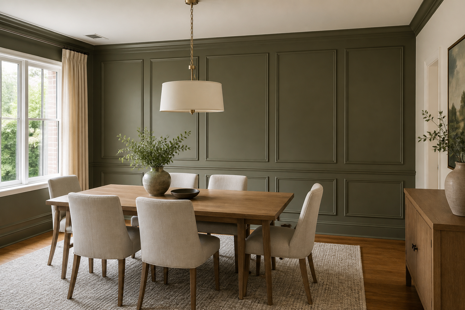 Muted olive dining room accent wall with monochromatic picture-frame molding and a natural wood dining table