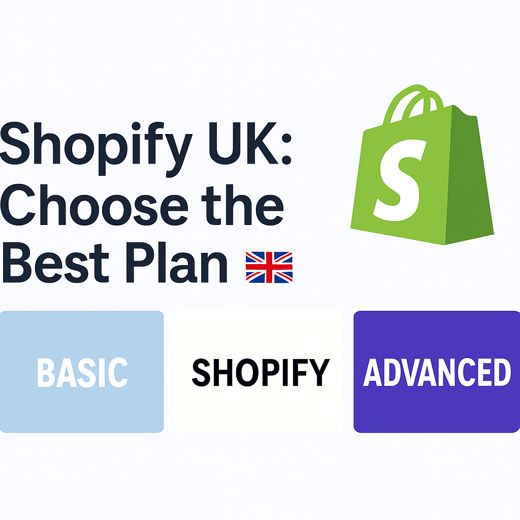 Clean digital graphic showing Shopify UK Choose the Best Plan with UK flag, Shopify logo, and three colored buttons labeled BASIC, SHOPIFY, and ADVANCED on a white background