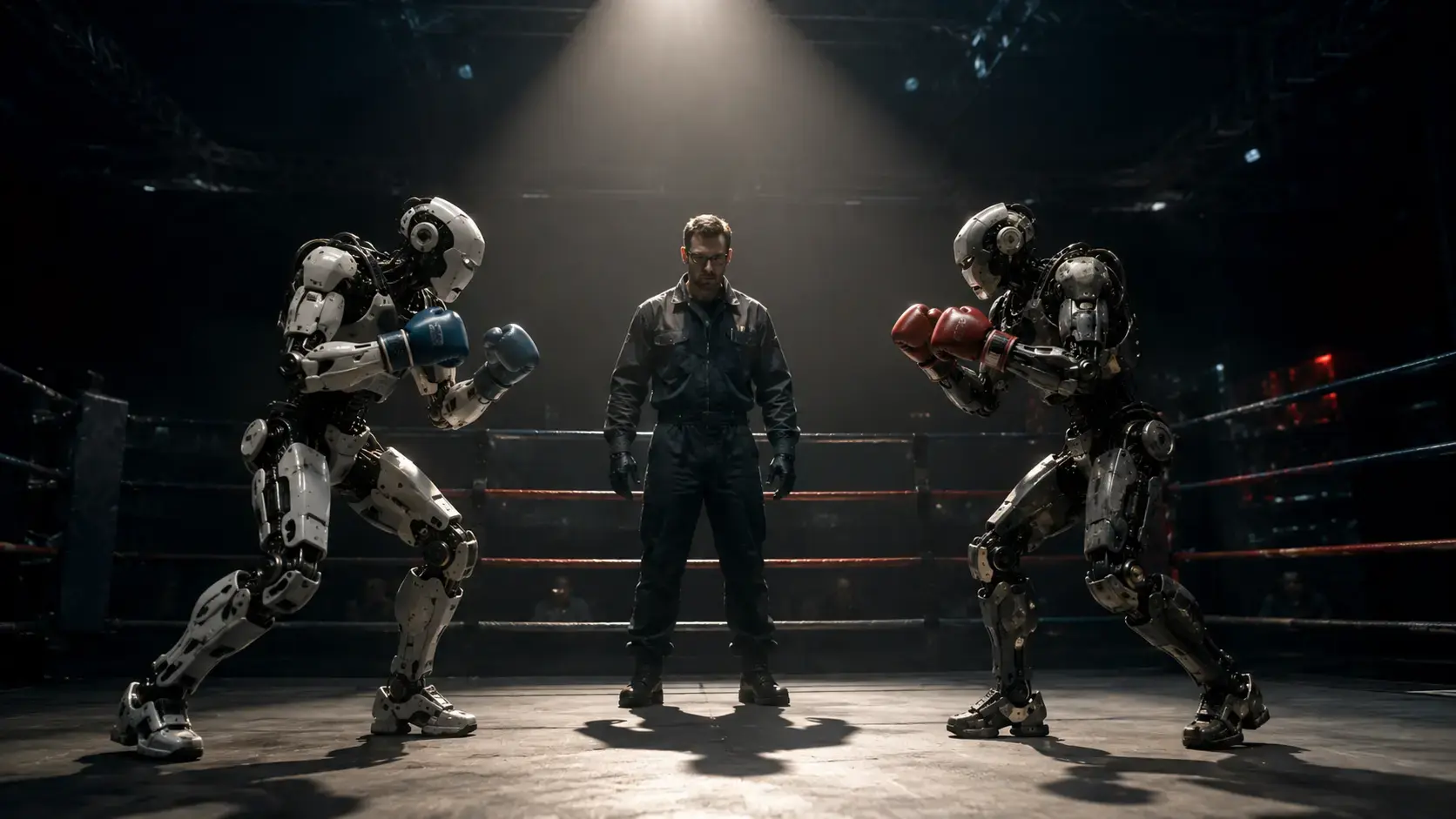 Two humanoid robots competing in a boxing match inside a ring, supervised by an engineer referee under dramatic cinematic arena lighting.
