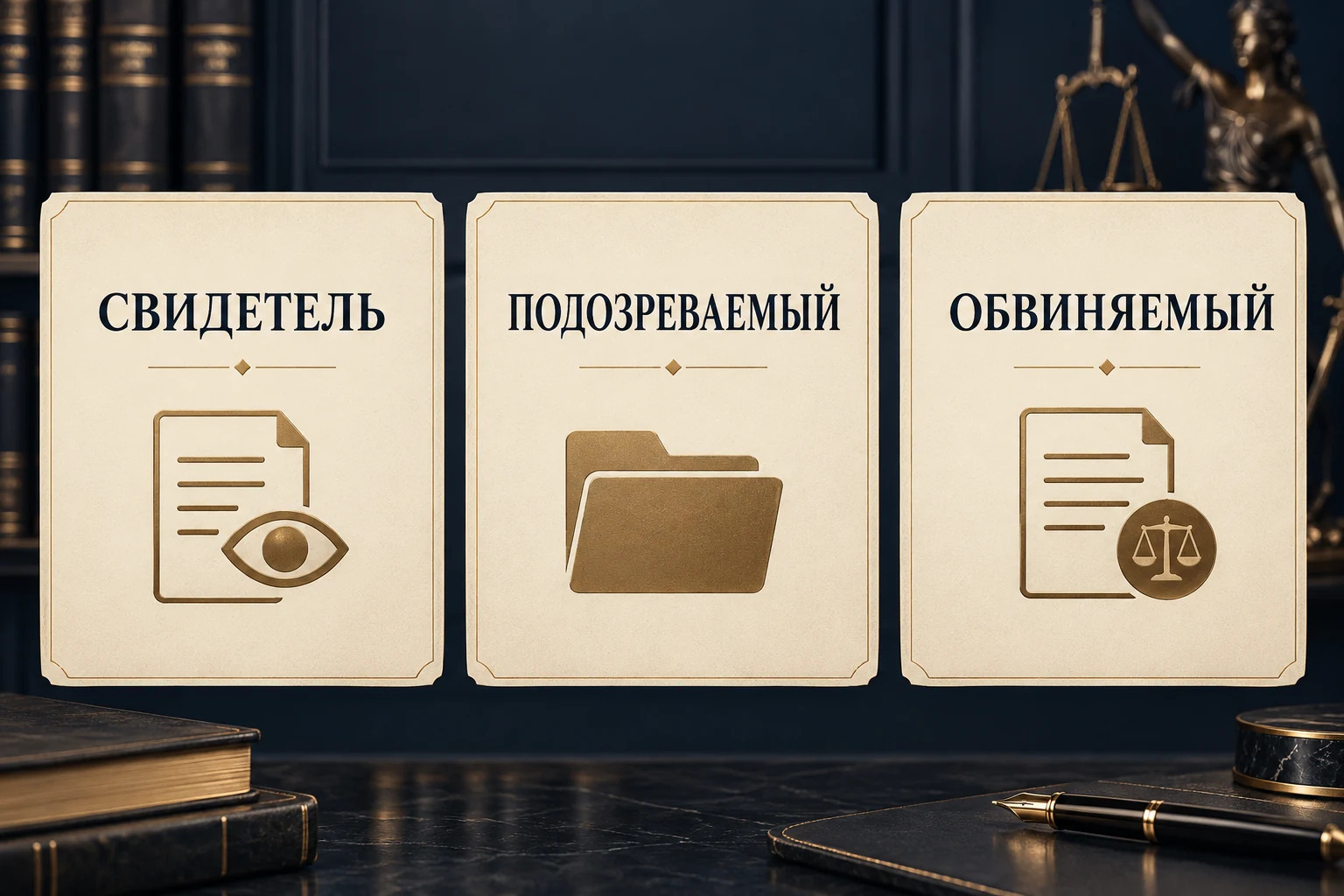 Концептуальная схема с тремя отдельными карточками: свидетель, подозреваемый и обвиняемый
