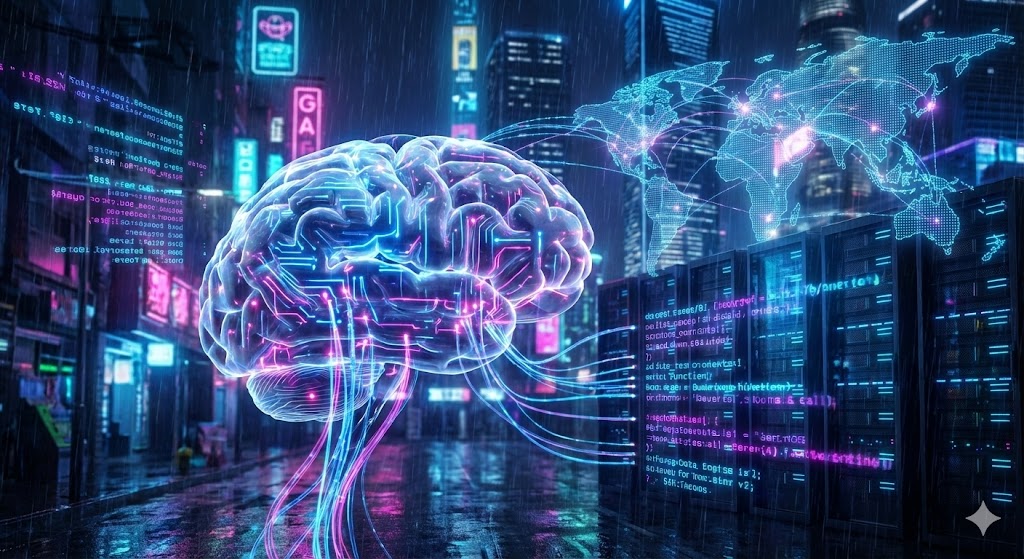 Визуализация логического мышления в цифровую эпоху, мозг с нейросетями.