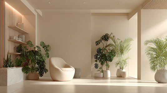 Современный минималистичный интерьер в бежевых тонах с множеством комнатных растений и мягким креслом