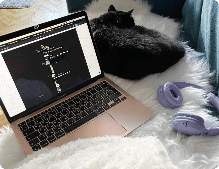 Будни веб-дизайнера и работа на кровати на ноутбуке рядом с котом