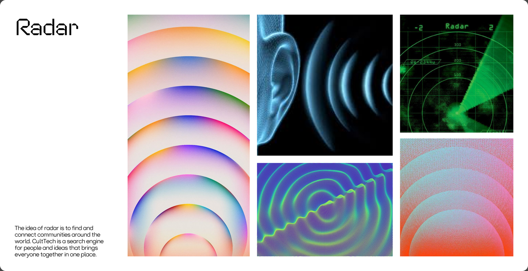 Radar concept — layered rainbow rings, ear and sound-wave visuals, radar screens