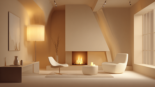 Тёплый минималистичный интерьер в бежевых тонах с камином, мягким светом и точечным освещением