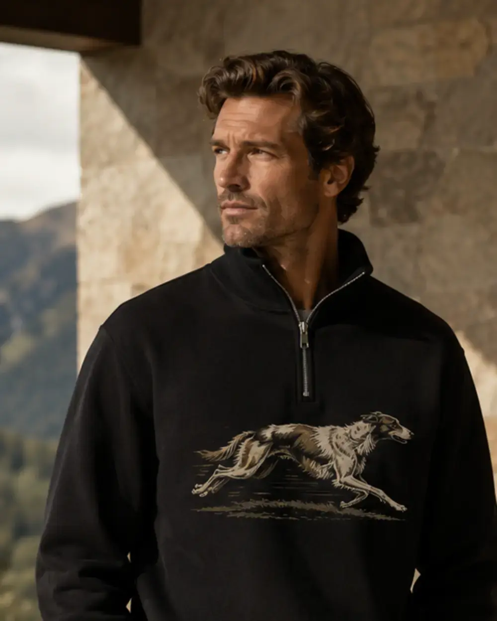 Чёрный свитшот quarter-zip с принтом бегущей борзой
