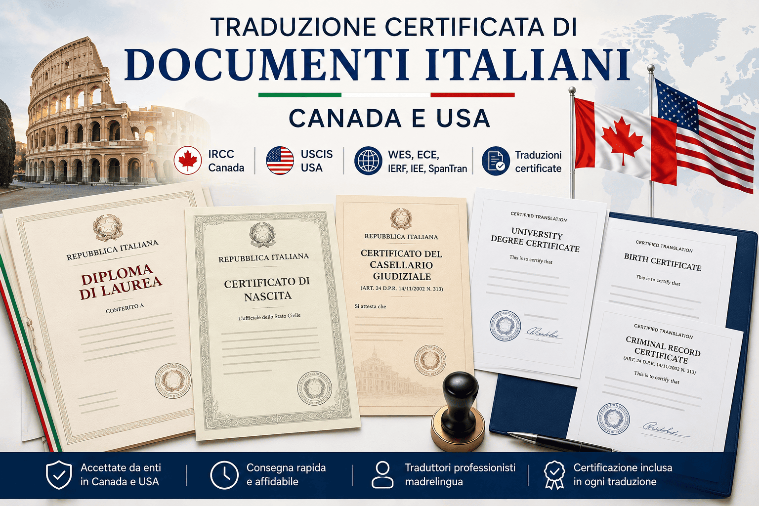 Traduzione certificata di documenti italiani per Canada e USA