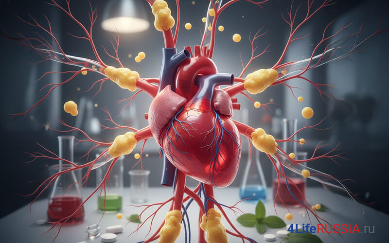 Анатомическое сердце и сосуды с жировыми отложениями на фоне лаборатории