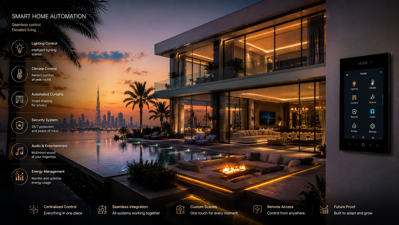 Luxury smart villa in Dubai with KNX automation intelligent lighting HVAC control security integration and premium smart home technology.