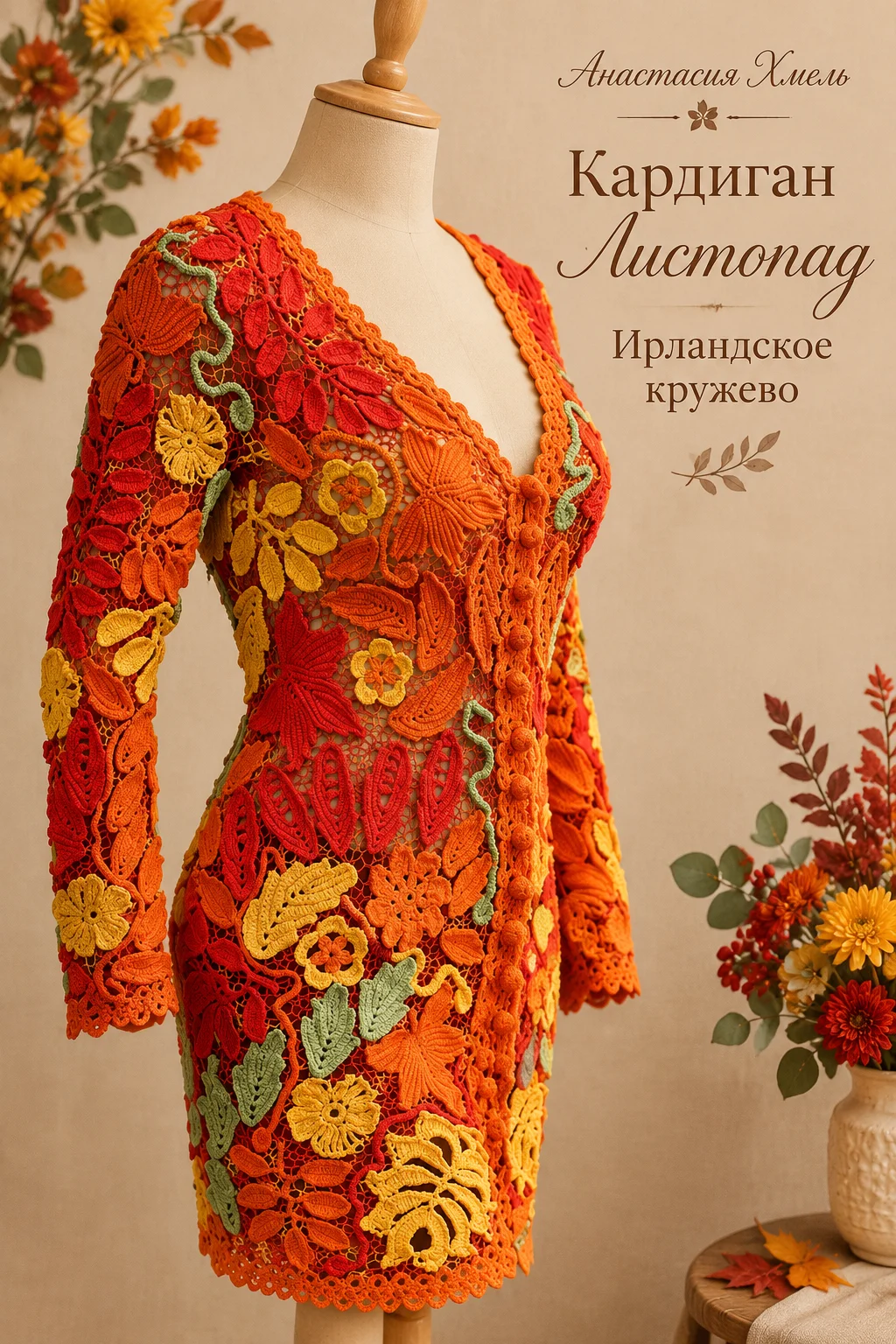 Кардиган Листопад Ирландское кружево Анастасии Хмель