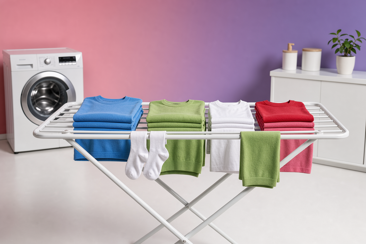 Cleanly folded clothes on a drying rack and a washing machine in the background, illustrating proper drying and care of garments, no logos
