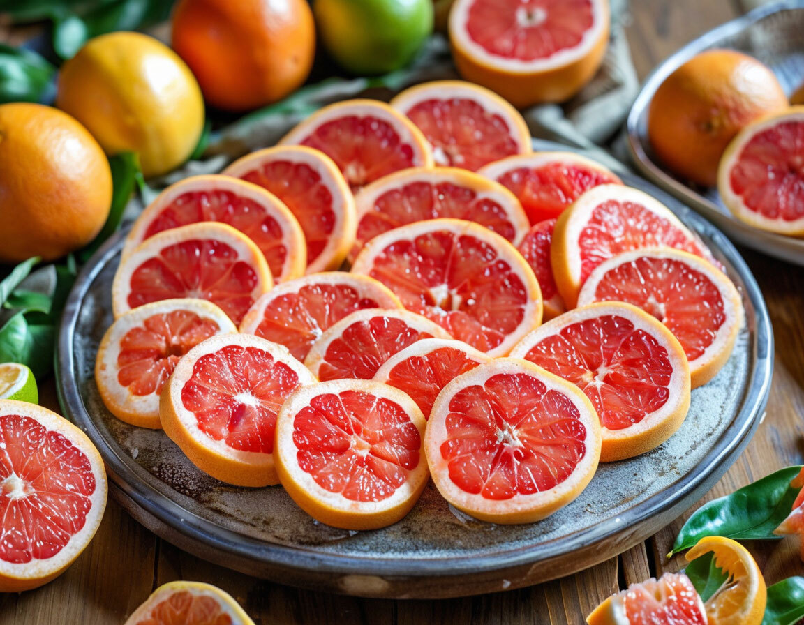 Красивые грейпфруты на блюде фото. Grapefruit link to breast cancer.