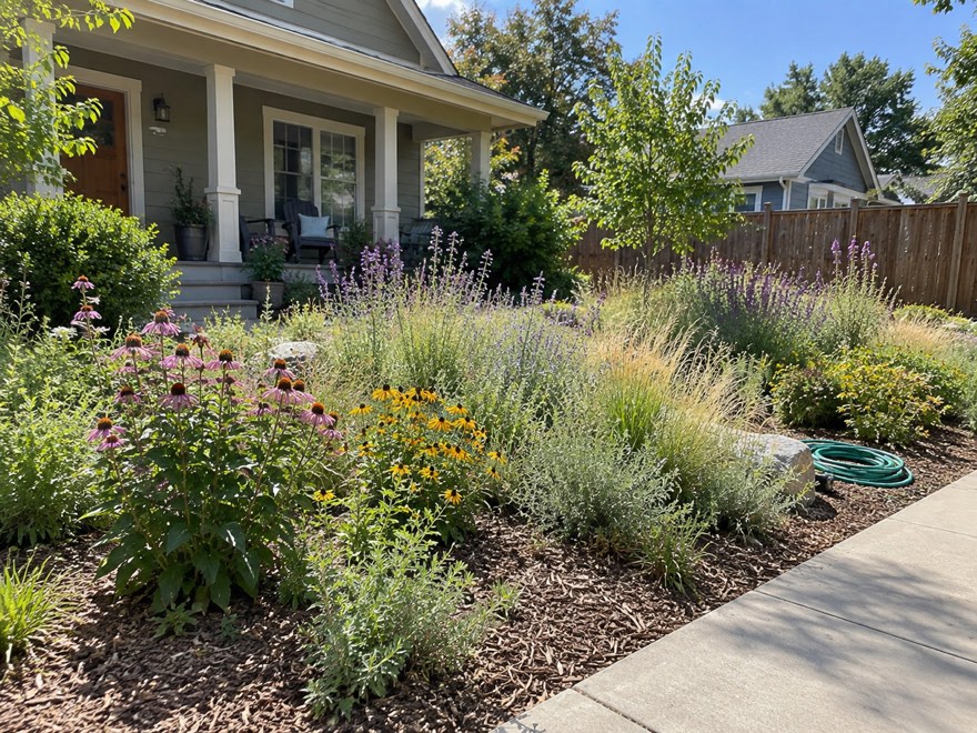 Native plant garden instead of lawn filling a sunny front yard with grasses and wildflowers