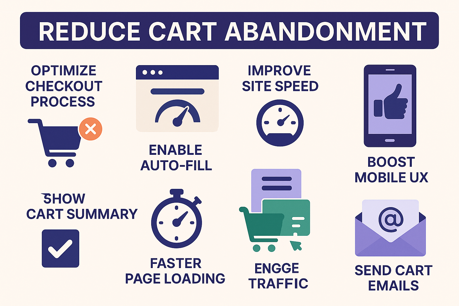 Horizontal infographic illustrating 7 smart strategies to reduce cart abandonment, including checkout optimization, auto-fill, mobile UX, and cart email recovery, with icons and bold labels on a light purple background.