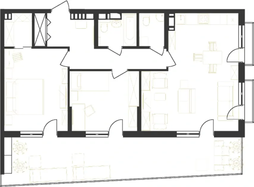 Планировка апартамента 3е с кухней-гостиной, площадь 104 м²