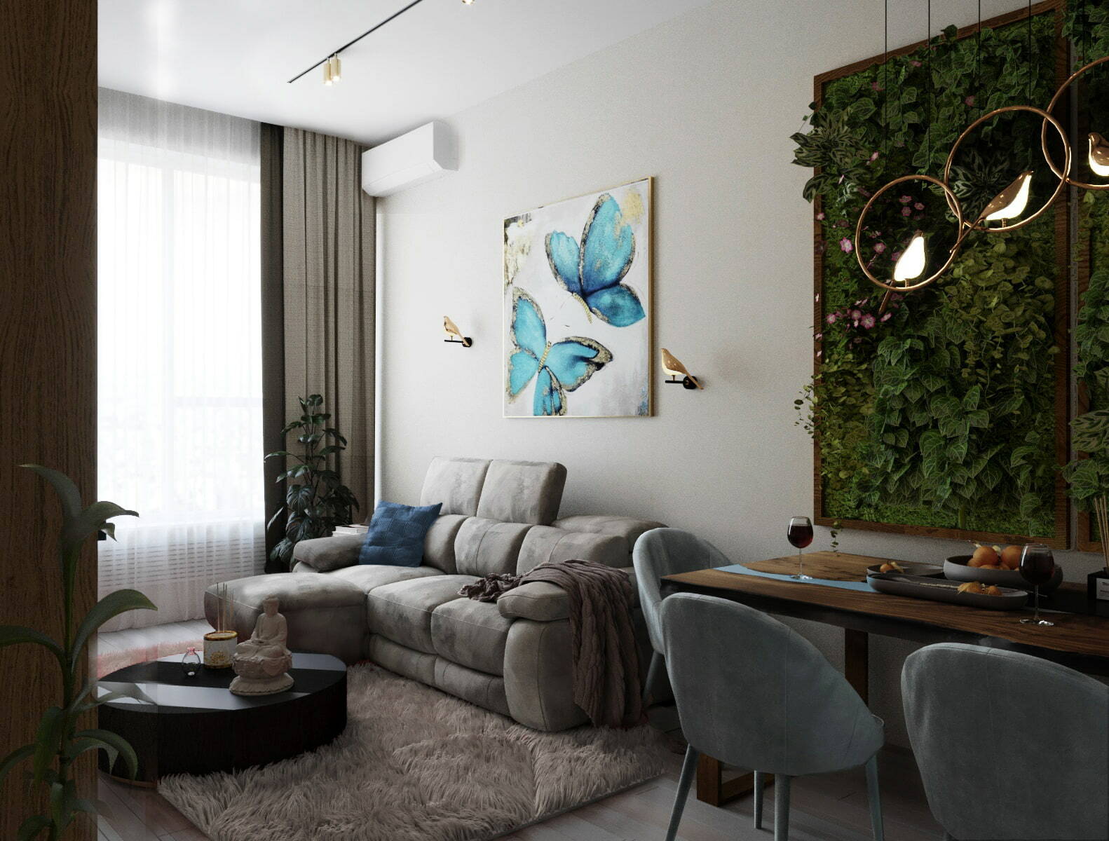 дизайн гостиной с пушистым ковром, диваном-трансформером, панно с бабочками, искусственными растениями