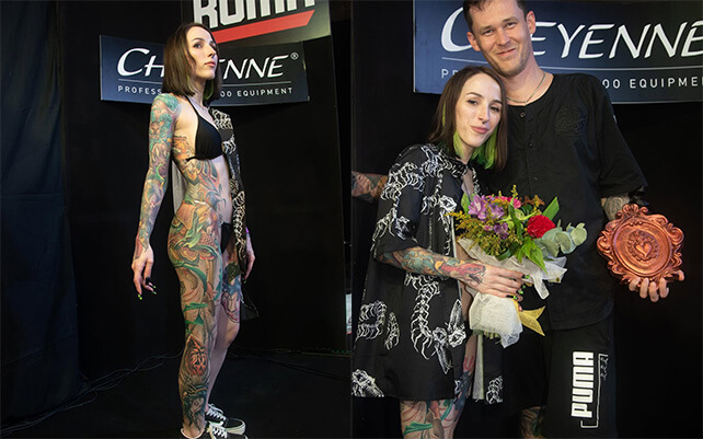 Japanese-style tattoo covering the arm and side of the body featuring masks, warriors, and mythical creatures by Rinat Mingazdinov, Los Angeles, West Hollywood