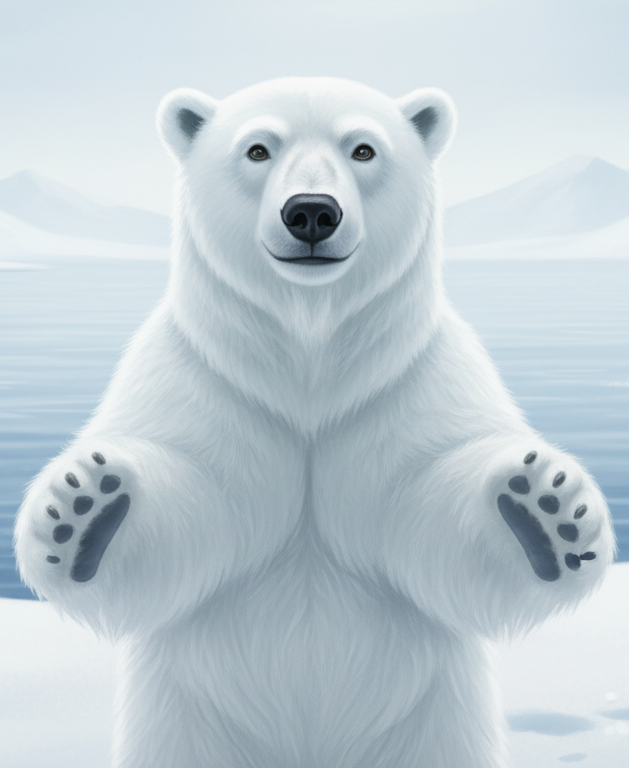 Белый медвежонок приглашает подписаться на соцсети ПОЛАР