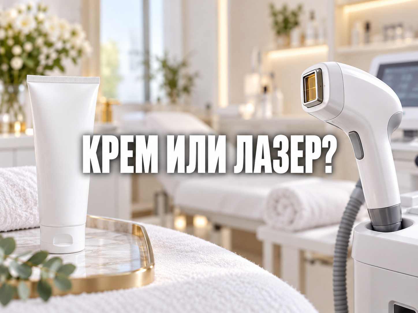 Тюбик крема и лазерная манипула в светлом кабинете; по центру крупная фраза «КРЕМ ИЛИ ЛАЗЕР?»