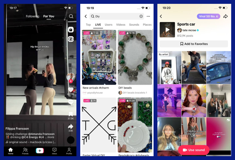 The image contains screenshots of TikTok, demonstrating the following features of this application: video recommendation feed, video search by topic, live broadcasts and trending audio.