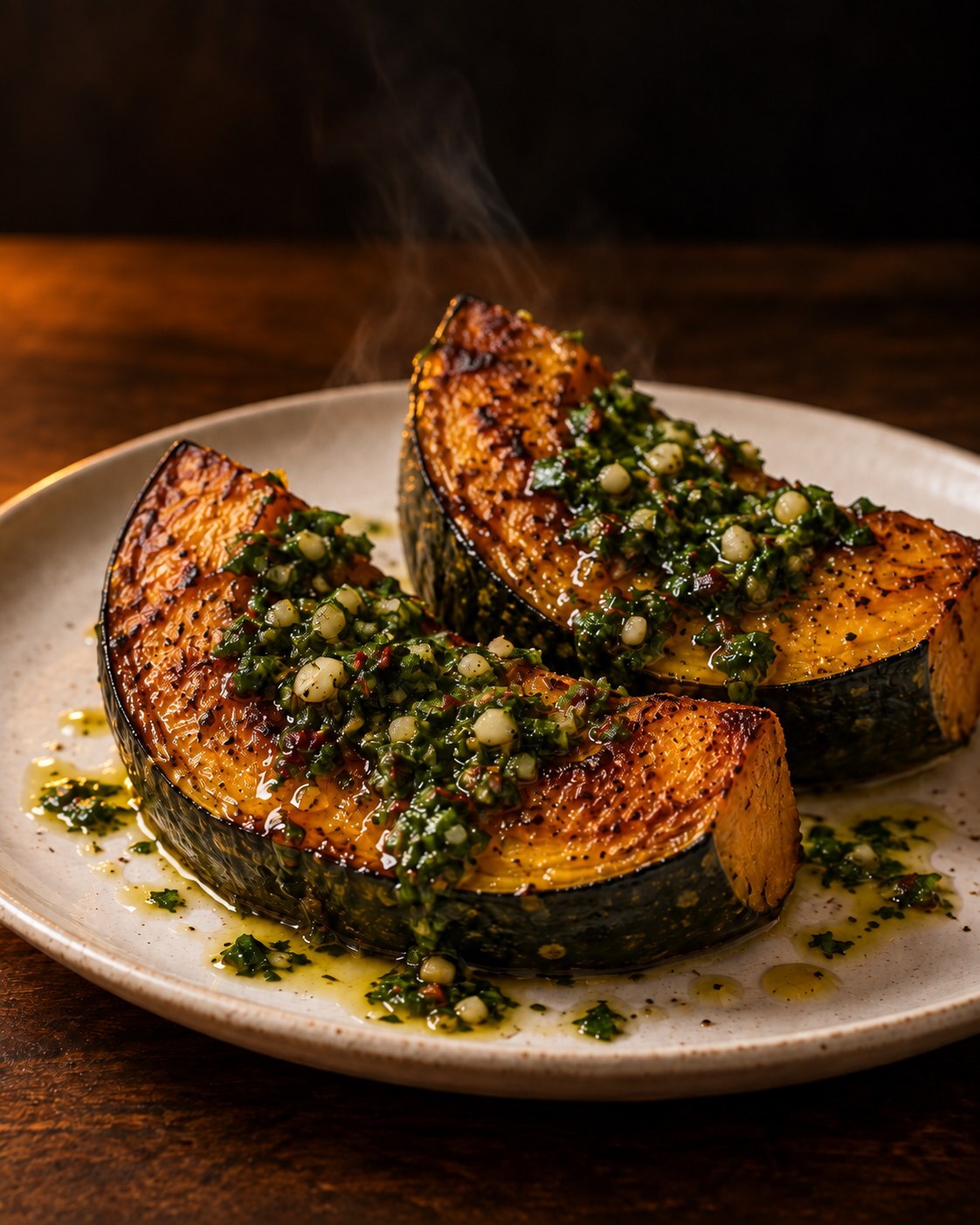 Two seared kabocha squash steaks with a deep brown caramelized crust and green chimichurri on a white ceramic plate, by Miami private chef Marina Staver