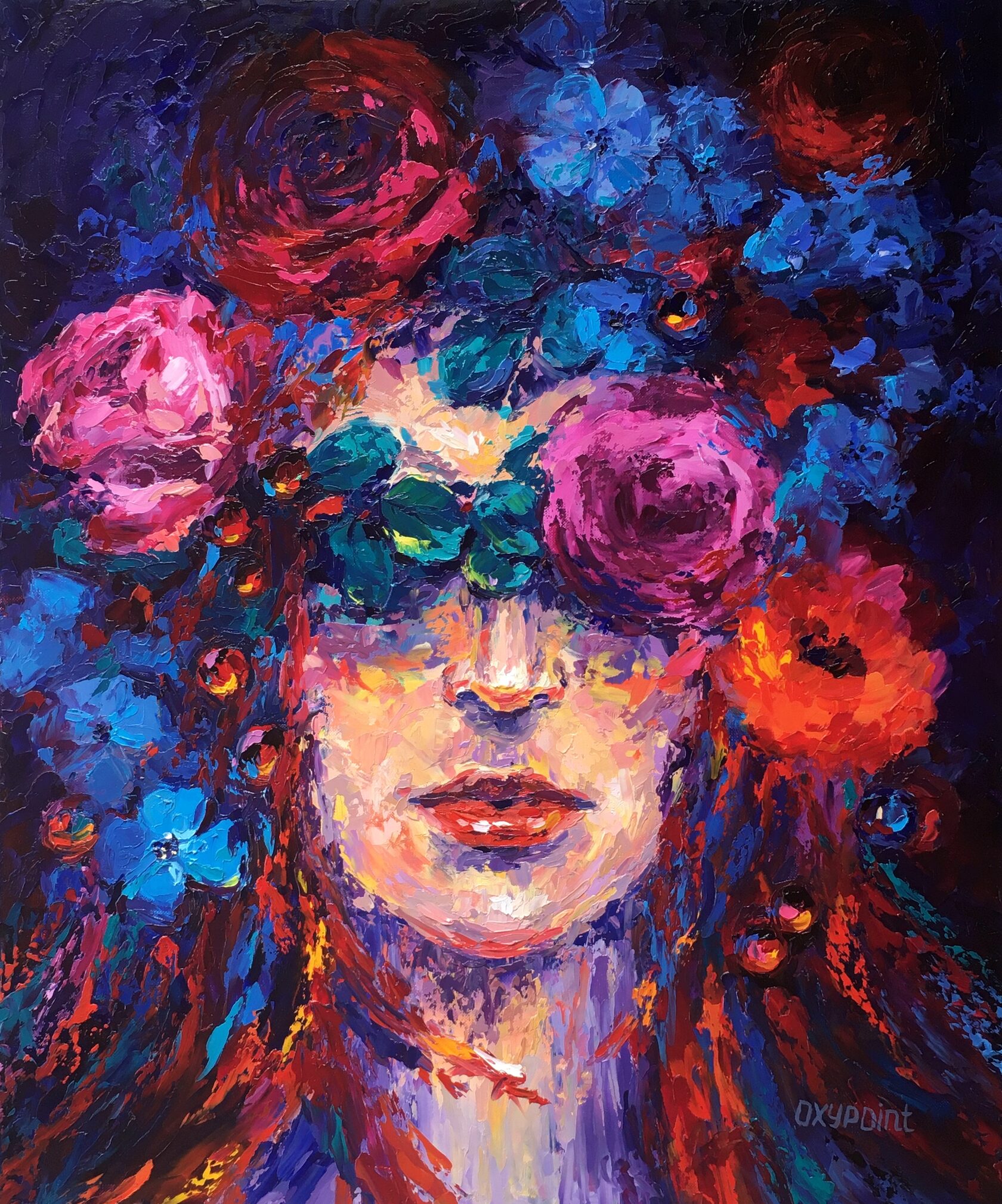 contemporary oil portrait of a girl with flowers on her head