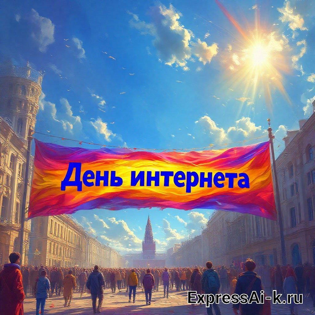 Радостные люди идут по солнечной улице, где их встречает плакат &amp;quot;День интернета&amp;quot;