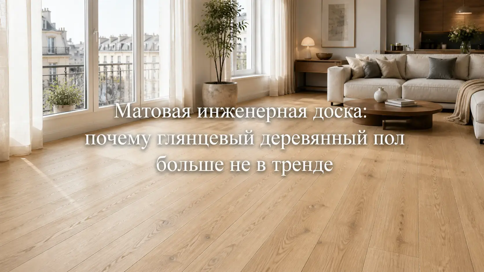 Светлая матовая инженерная доска в современном интерьере гостиной с большими окнами и мягким естественным освещением. Натуральный дубовый пол с выраженной текстурой, спокойным матовым покрытием и тёплым оттенком подчёркивает актуальность матовой поверхнос
