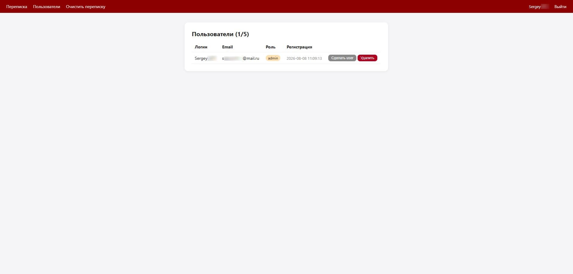 Вид админ-панели с пользователями