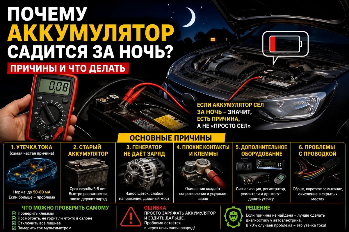 Почему аккумулятор разряжается за одну ночь