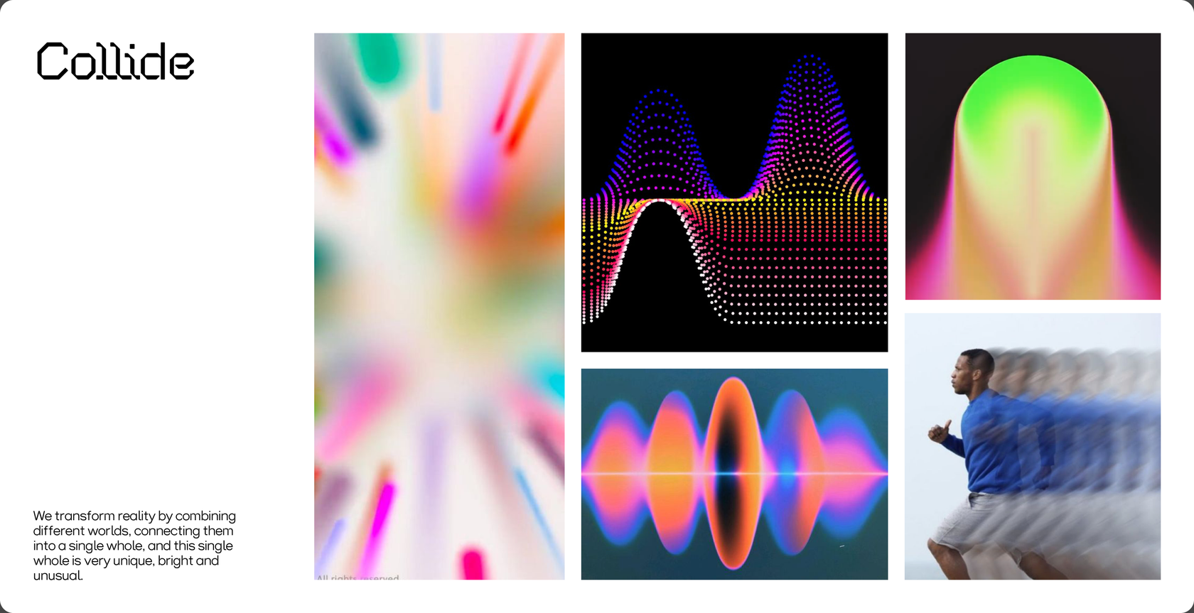 Collide concept — blurred color gradients, dotted waves, speed-motion runner
