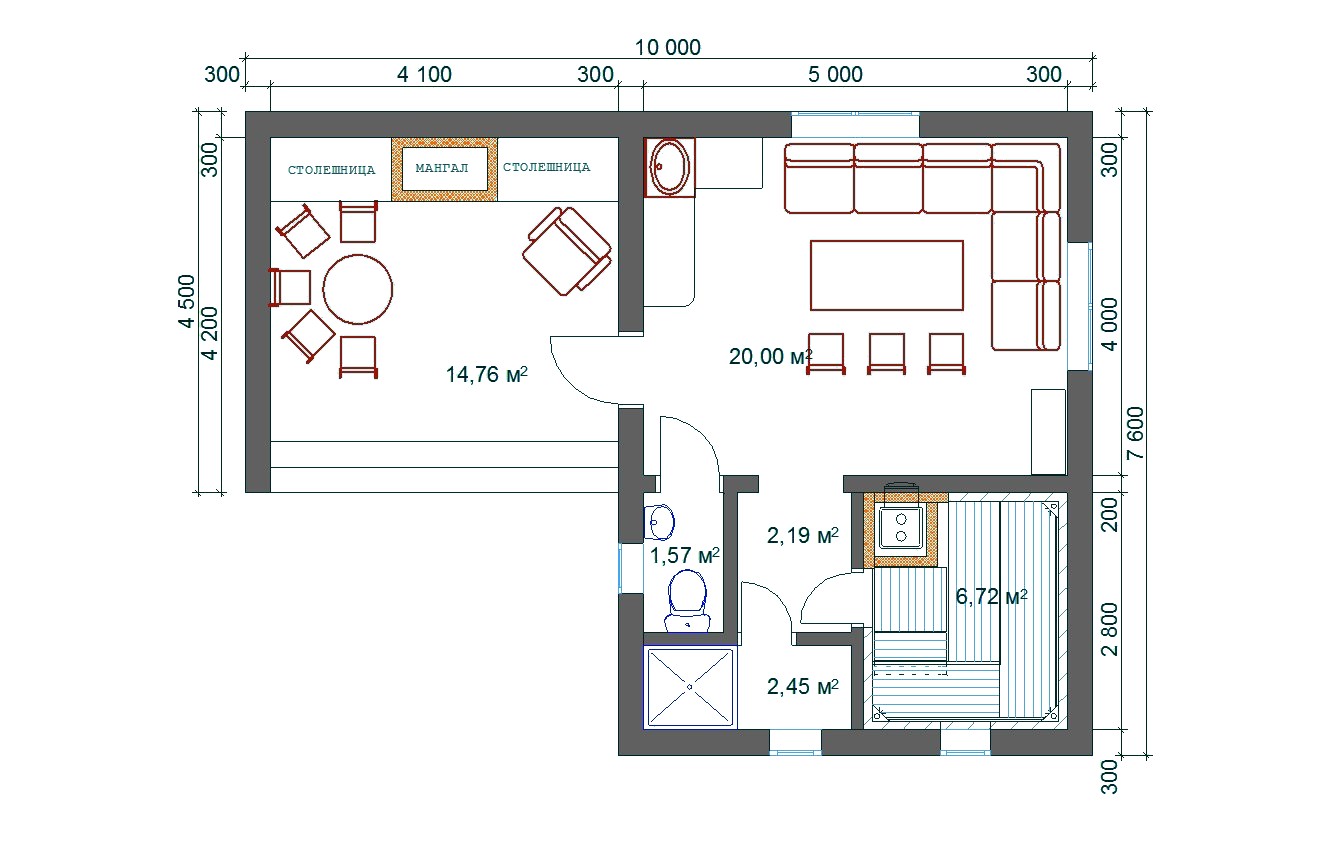 Планировка бани с кухней